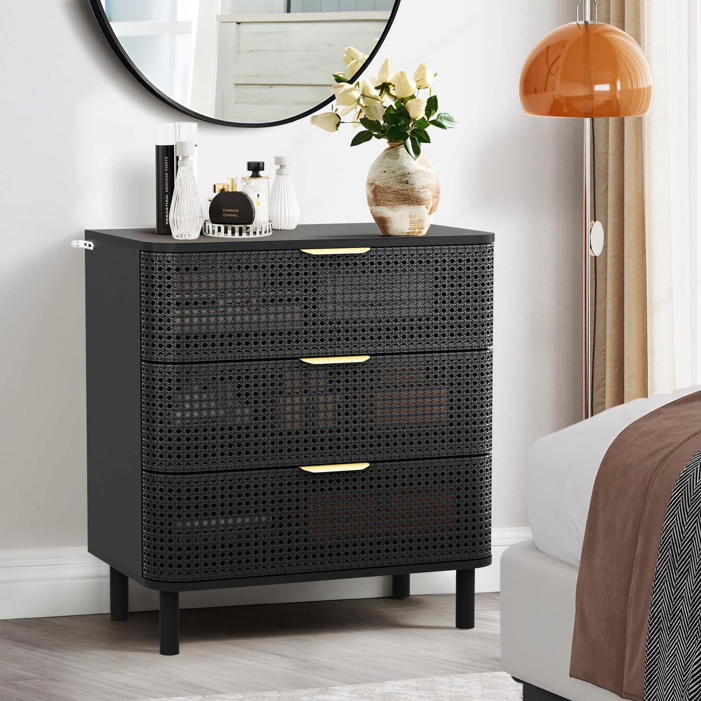 YZRSTY 3 Drawer Dresser for Bedroom, Modern Iron Closet Dressers Chest of Drawers, Boho Rattan Wide Dresser Nightstand with Storage Drawers for Living Room, Dressing Room, Entryway, Hallway