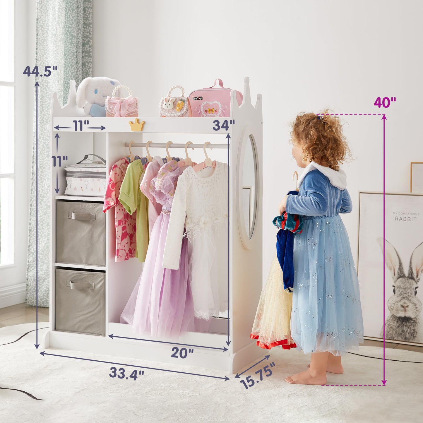 GTOLV Kids Dress Up Storage Mirror w/ 2 Bins, Cloth Hanger - Kids Play Armoire Dresser Pretend Closet for Bedroom