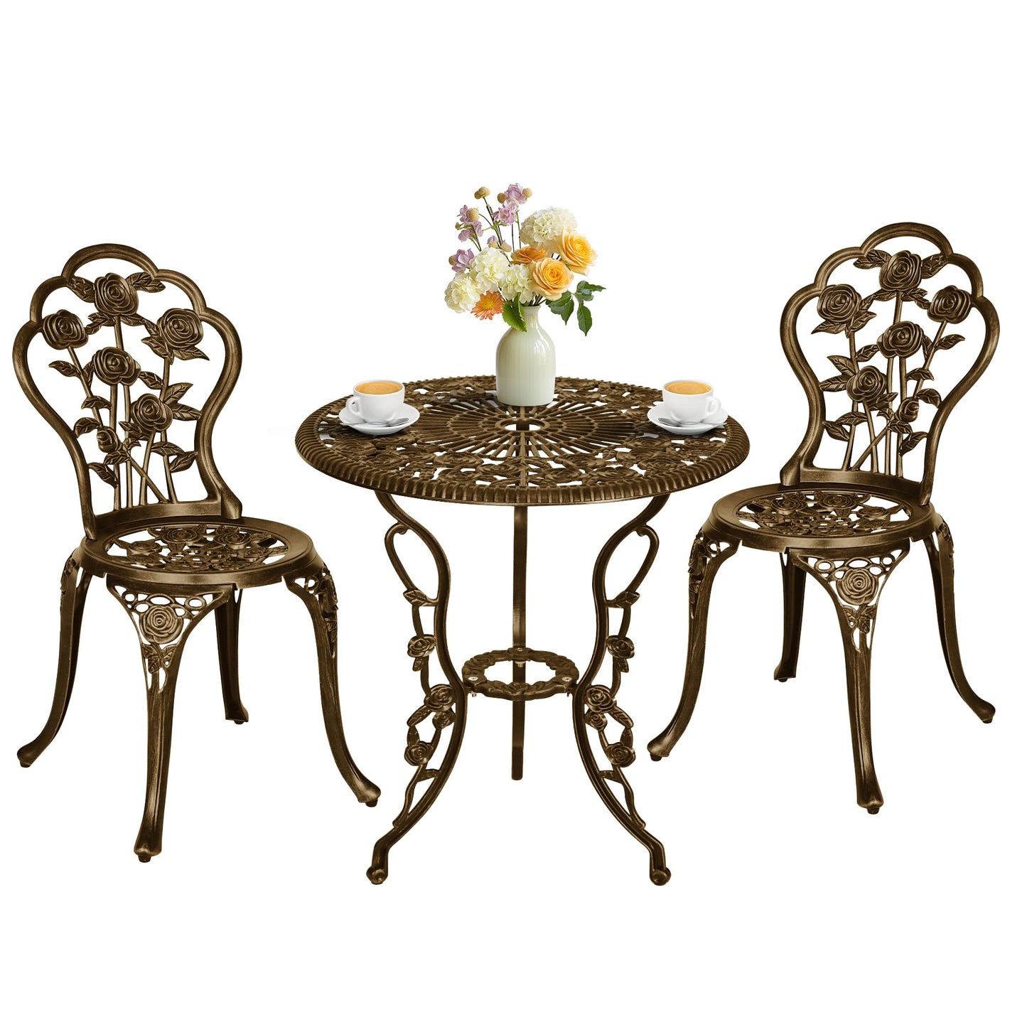 Aura Outdoor 3 Piece Patio Bistro Table Set, Outdoor Stylish Rose Flower Bistro Set with Umbrella Hole, Small Cast Aluminum Table and Chairs Set for Balcony Furniture, Dark Bronze