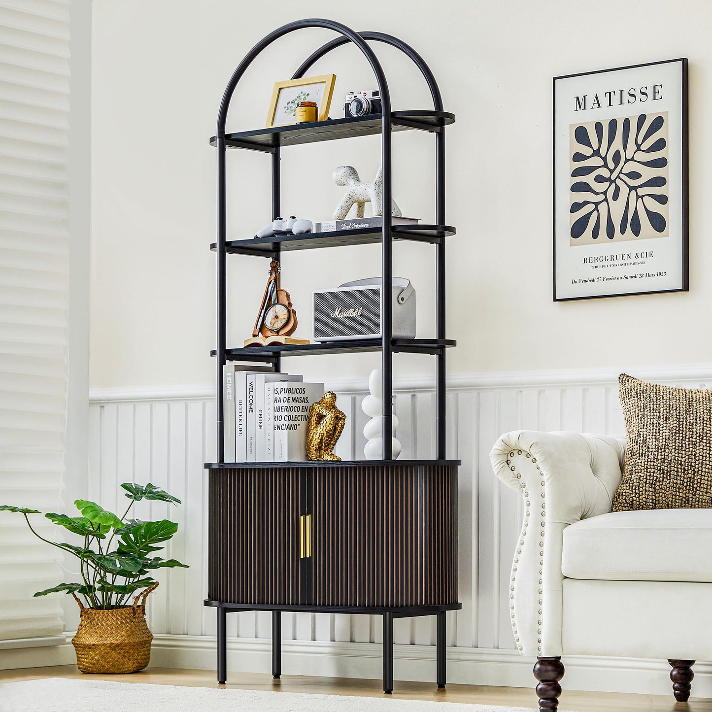 Turtle&Myrtle Tall Arched Bookshelf, Mid Century Modern Fluted Bookcase Cabinet with Sliding Doors, Curved Metal Frame Bookcase, Industrial Storage Display Shelving for Living Room, Bedroom (Black)