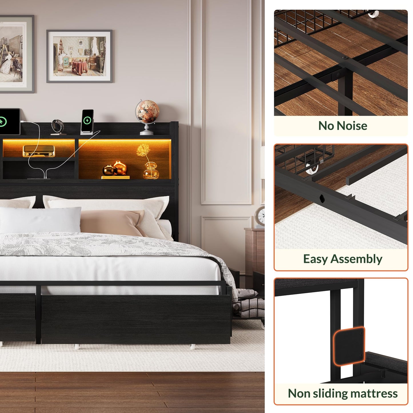 LARMACE King Size Bed Frame with 6 Storage Drawers and Headboard Wooden Platform Bed Frame with LED Lights and Charging Station Easy Assembly/No Box Spring Needed/Black