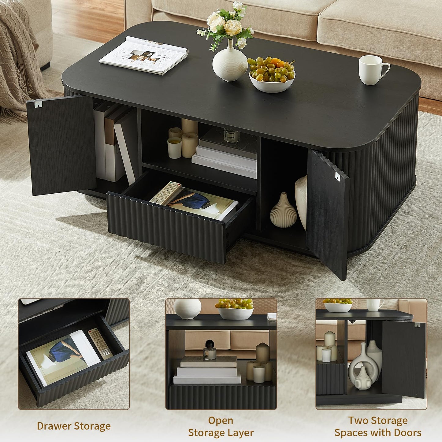 LKTART Coffee Table, 46.5" Mid Century Modern Storage Coffee Table with Door, Center Table with Drawer Wave Pattern for Living Room, Office, Apartment, Black