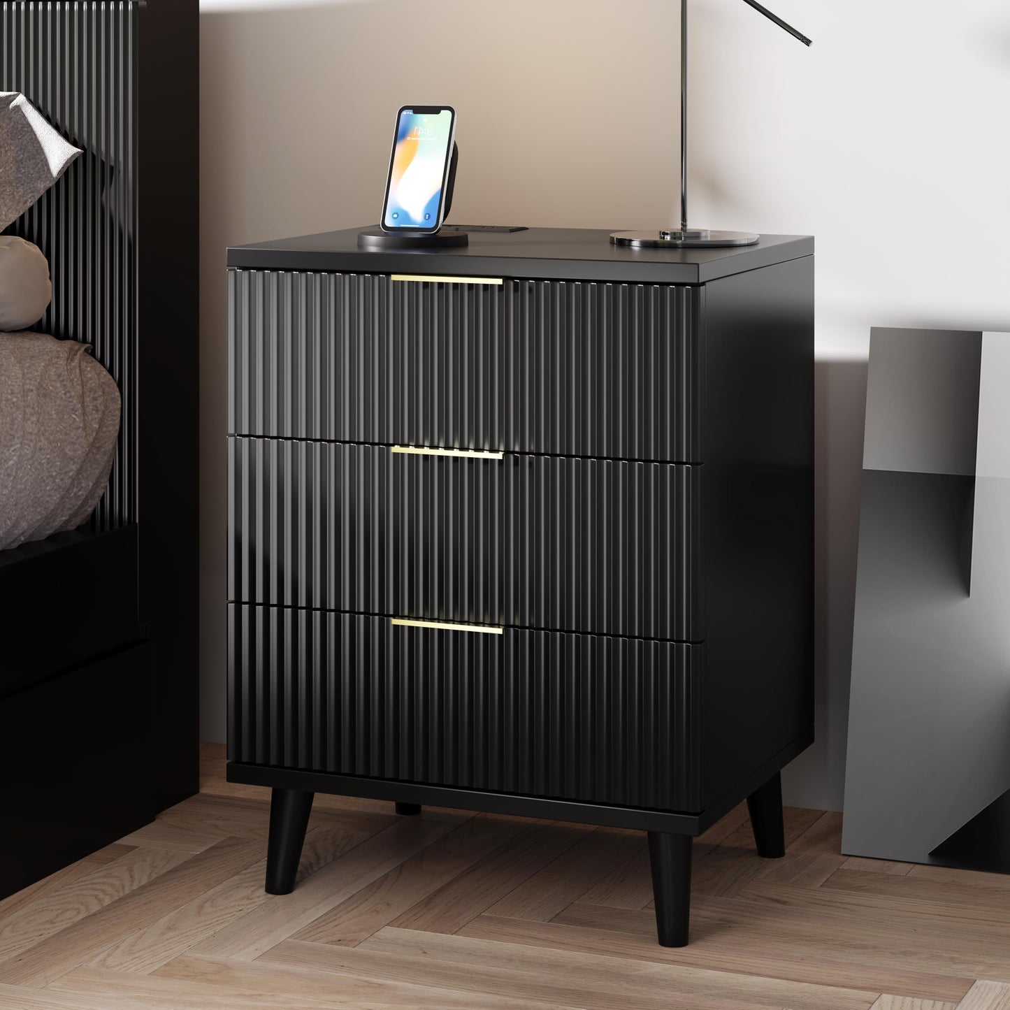 QIPAKA Fluted Night Stand Set of 2 with USB Charging Station, 3-Drawer Dresser Black Wood Moden Night Stand Bedside Table with Quiet Drawers & Large Storage End Table for Bedroom