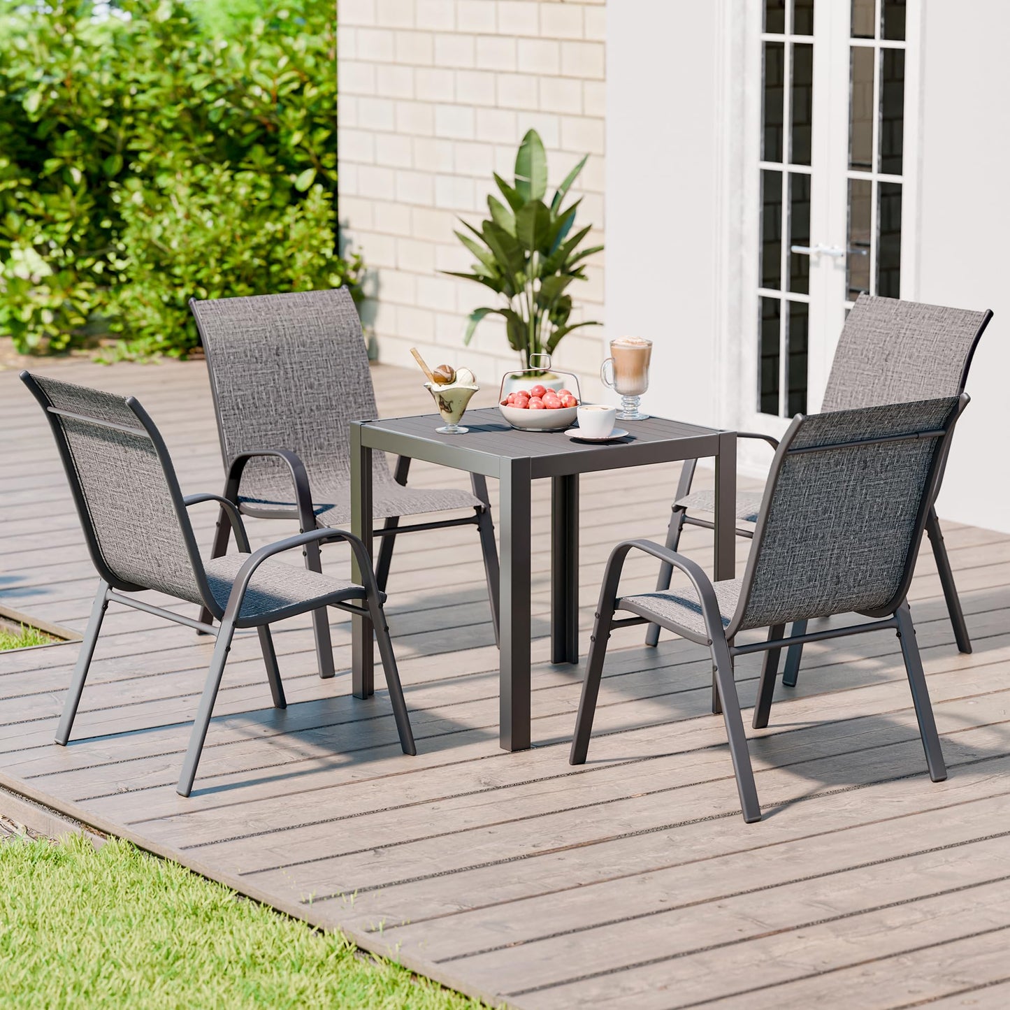Betterhood Patio Chairs Set of 4, Stackable Outdoor Dining Chairs Set with Breathable Seat Fabric, All-Weather Powder-Coated Metal Frame for Deck, Pool Side and Backyard, 350LBS Capacity (Grey)