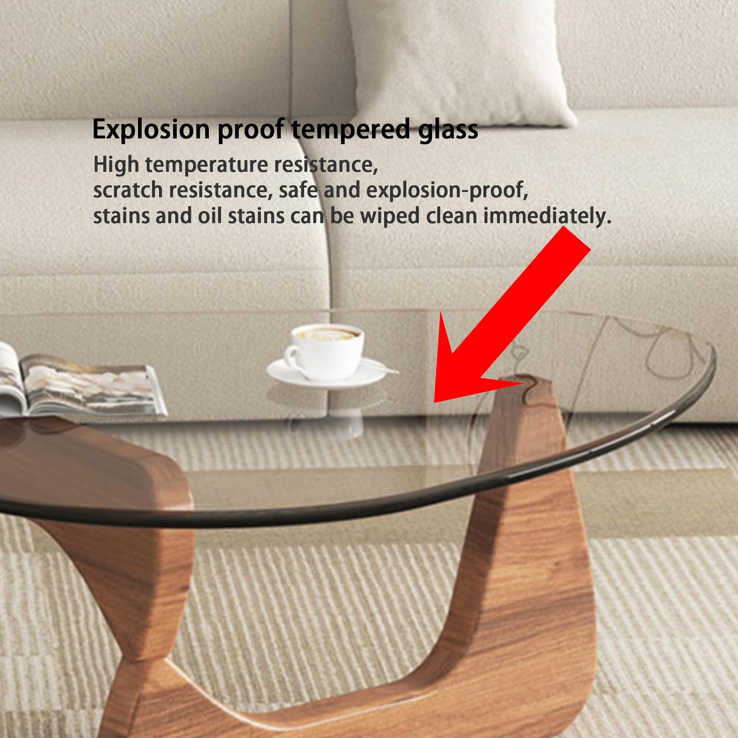 EASYSOUL Modern Glass Coffee Table, 32.68" D x 22.44" W x 15.75" H, Abstract Round Tea Tables for Living Room Home Office Industrial Cocktail Tables (Walnut-Clear Glass, 32.68")