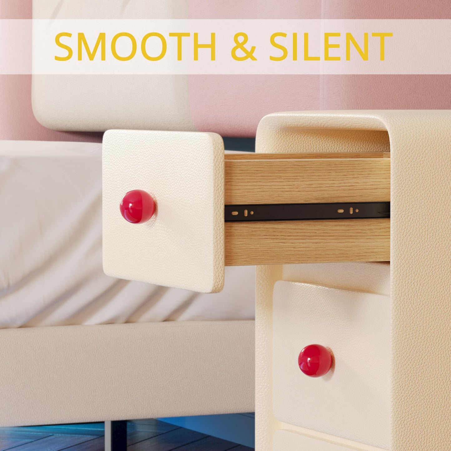 LIKIMIO Modern Leather Nightstand, Narrow Beside Table with 3 Drawers and Silent Slides, Cream Style Small Side Table for Bedroom