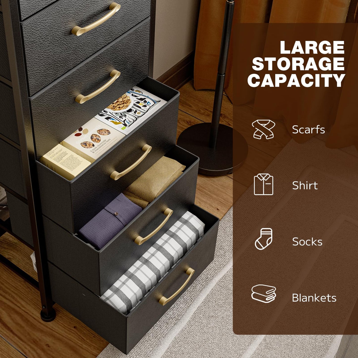 AOVSA Tall Dresser with 6 Drawers, Chest of Drawers with Fabric Bins, Storage Organizer Tower with Wood Top & Steel Frame for Bedroom, Living Room and Entryway - Black