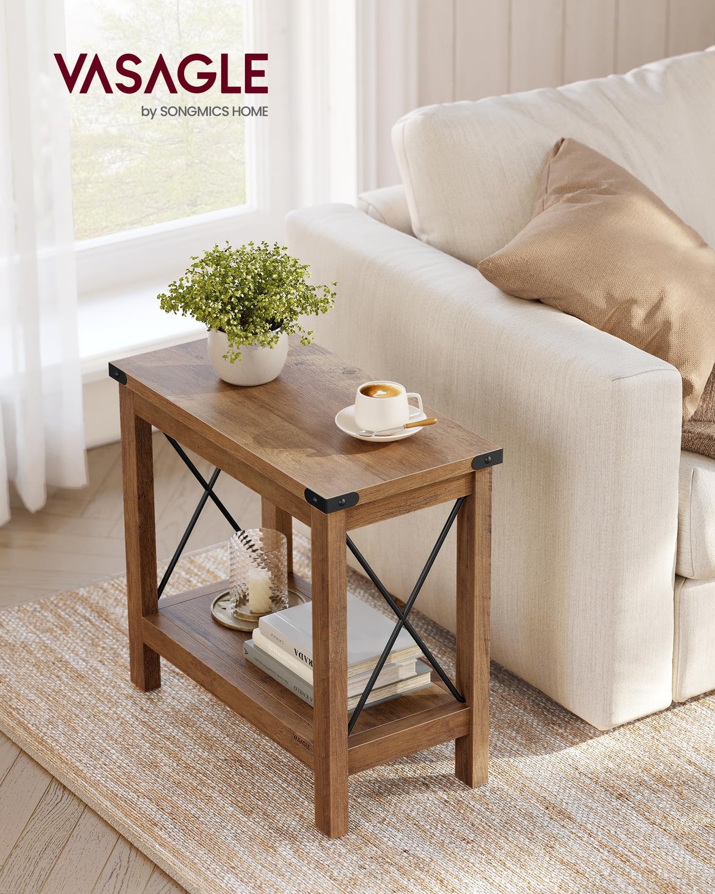 VASAGLE 2-Tier End Table, Side Table with Bottom Shelf, Nightstand for Small Spaces, for Living Room, Bedroom, Farmhouse Style, Honey Brown ULET235K41