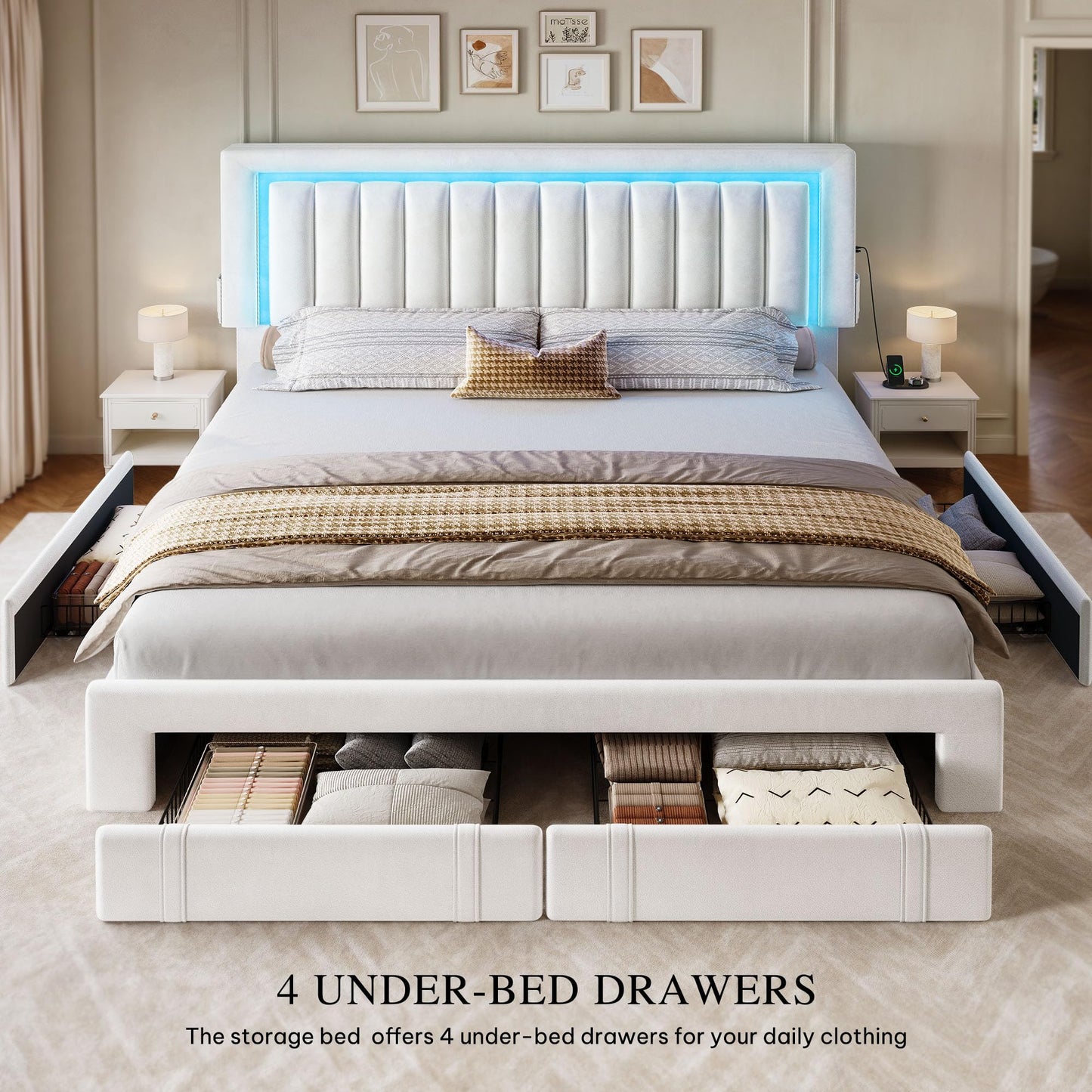 DWVO Queen Size Bed Frame with Adjustable Headboard, 4 Storage Drawers and RGB LED Lights, Velvet Upholstered Platform Bed with USB Ports, No Box Spring Needed, Fast Assembly, Noise-Free, White