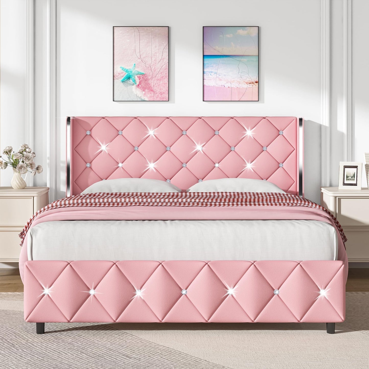 Bed Frame Queen Size with Headboard, Velvet Upholstered Bed with Diamond Tufted Design, Modern Queen Bed Frame, No Box Spring Required, Easy Assembly, Pink