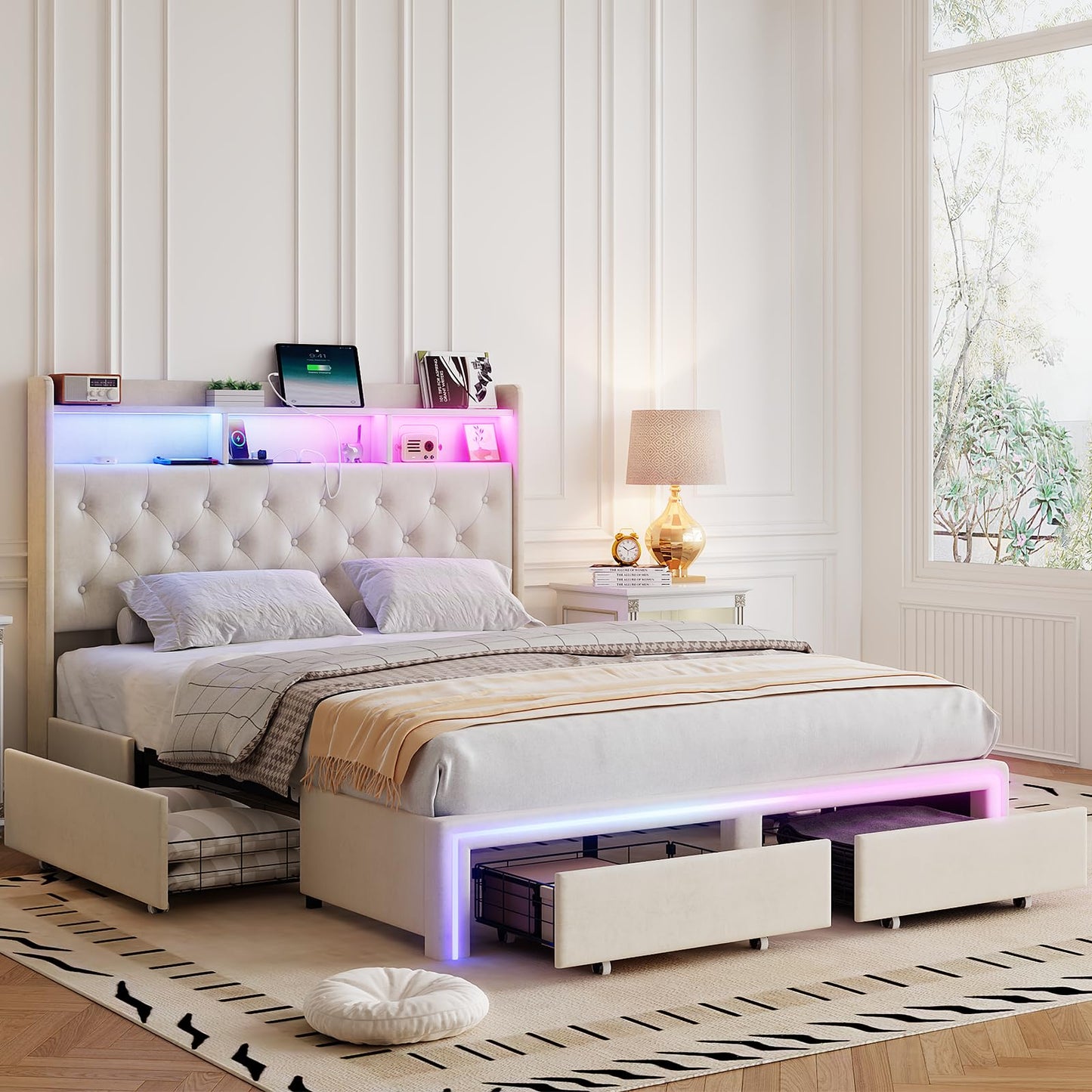 VINTLJUS Queen LED Bed Frame with Storage Headboard & Charging Station, Velvet Fabric Platform Bed Frames with 4 Drawers, No Box Spring Needed, Button Tufted Upholstered, Beige
