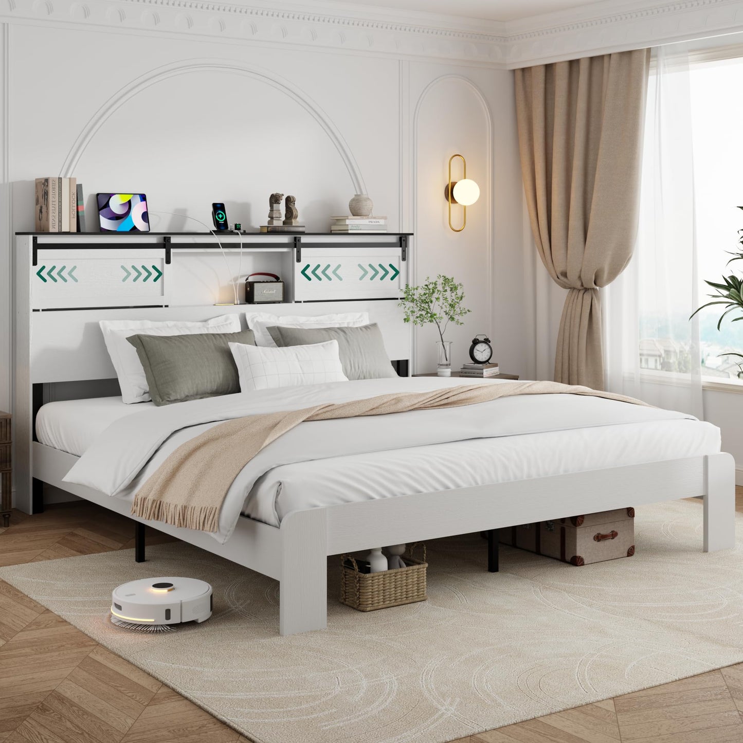 PAUKIN King Size Wooden Bed Frame with Storage Headboard,Boho Platform Bedframe with Sliding Barn Doors, LED Lights and Charging Station, Sturdy Metal Slat Support.(Boho White, King)