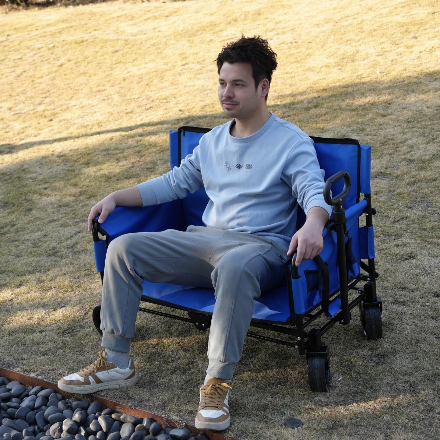 CRESTWALKER Wagon Love Seat with Tall Cushioned Backrest, Foldable Cart That Converts into a 2-Person Chair, 2-in-1 Wagon Bench Seat Combo for Adults (Blue)