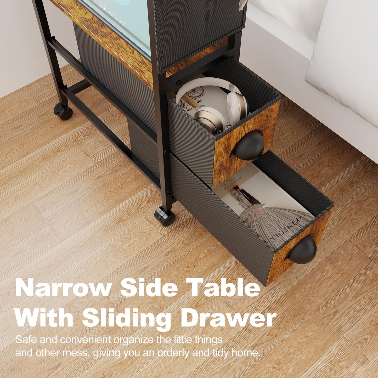 Oppro Small Narrow Side End Table with Drawer for Small Spaces, Slim Nightstand Bedside Sofa Table with Wheels, Space Saving Skinny Thin Couch Coffee Desk with Storage Bag for Bedroom Living Room