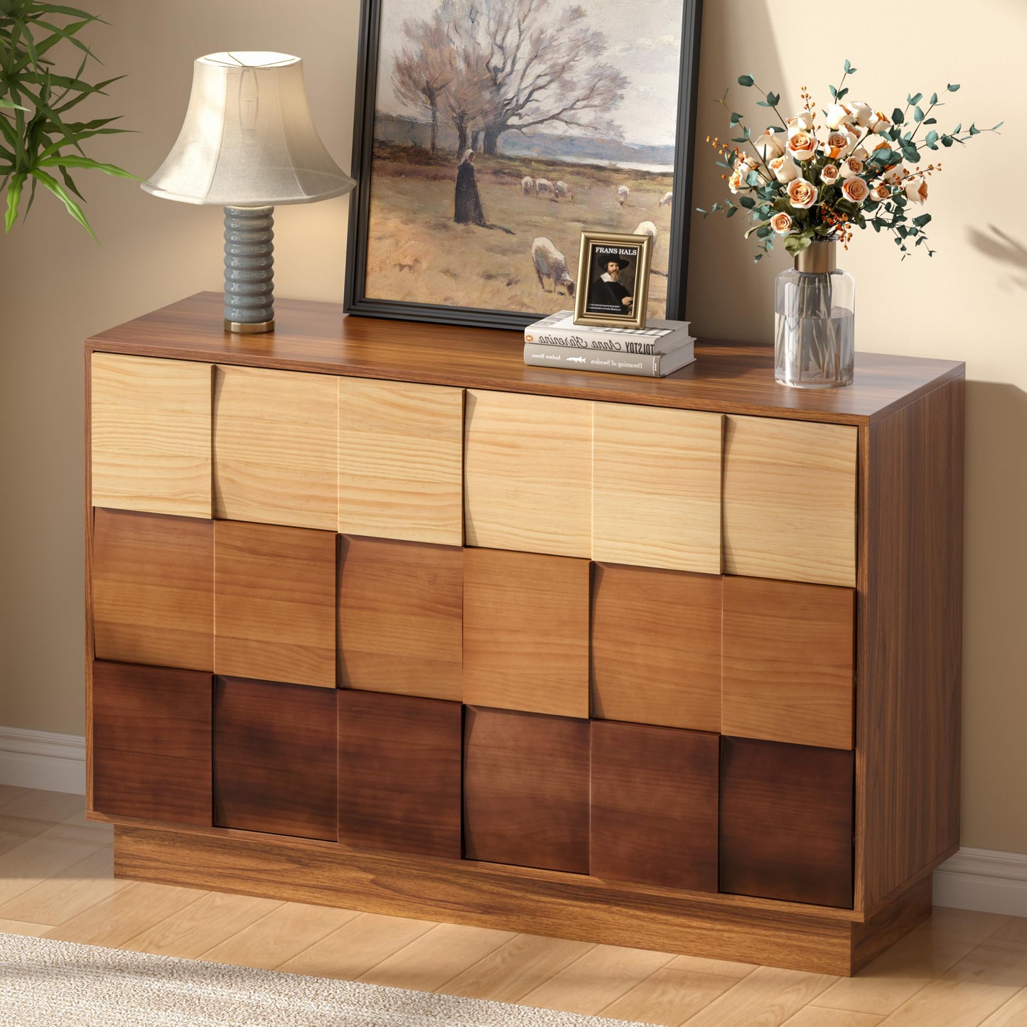 Lamohome 6 Drawer Dresser with Solid Wood Drawer Fronts, 47" Chest of Drawers Modern Wood Dresser with Artistic Gradient Color-Block Finish for Bedroom & Living Room