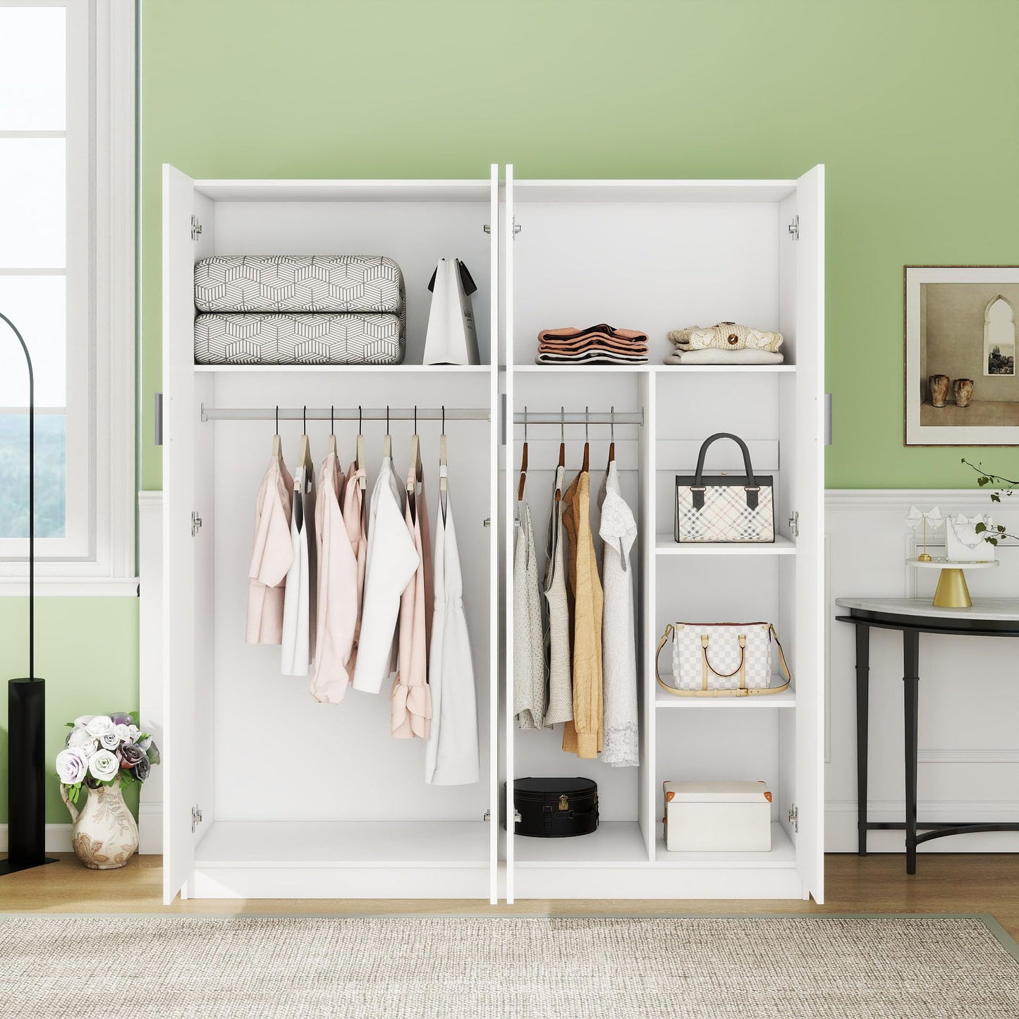 Panana Large Wardrobe Closet with Storage Shelves, 4 Door Armoires Wardrobe with 5 Shelves and 2 Hanging Rails for Bedroom