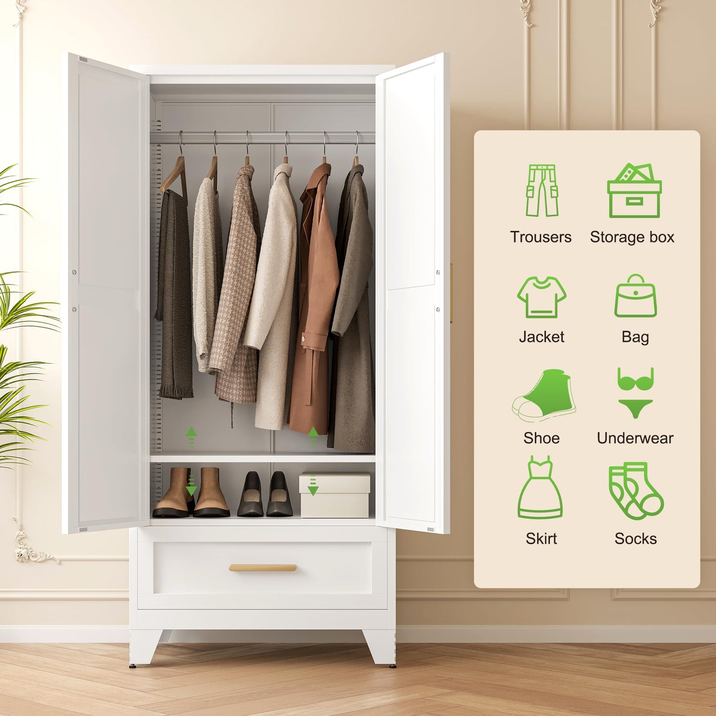 MLYCGKLA 71" Tall Armoire Wardrobe Closet, Metal Wardrobe Cabinet, Farmhouse Storage Cabinet with Drawer and Hanging Rod for Bedroom, Laundry, Home Office (White, 71" H-1 Drawer)