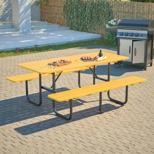 DOPERFE 72" Wooden Picnic Table, Picnic Table with Benches, Steel Frame with Umbrella Hole 1.97" for Patio Party Barbecue Party (Yellow + Black, 72")