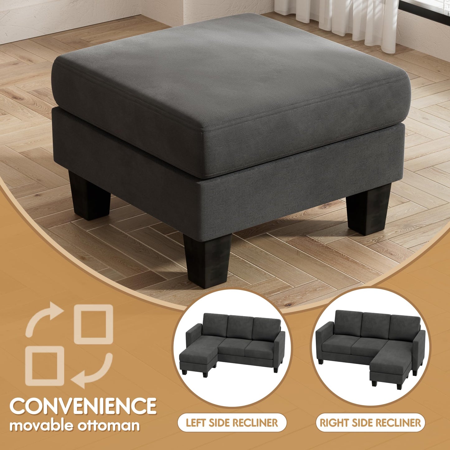 VICTONE Convertible Sectional Sofa Couch, 3 Seat L-Shaped Sofa with Linen Fabric Ottoman Small Couch for Small Apartments, Living Room and Office (Linen Fabric, Dark Gray)