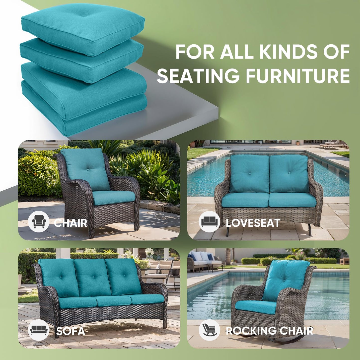 Outdoor Chair Cushion Set of 2, Waterproof Outdoor Seat Cushions 25x22 , Patio Chair Cushions for Outdoor Furniture, Couch Cushion Replacement, Include 2 Back & 2 Seat Cushions, Button/CyanBlue