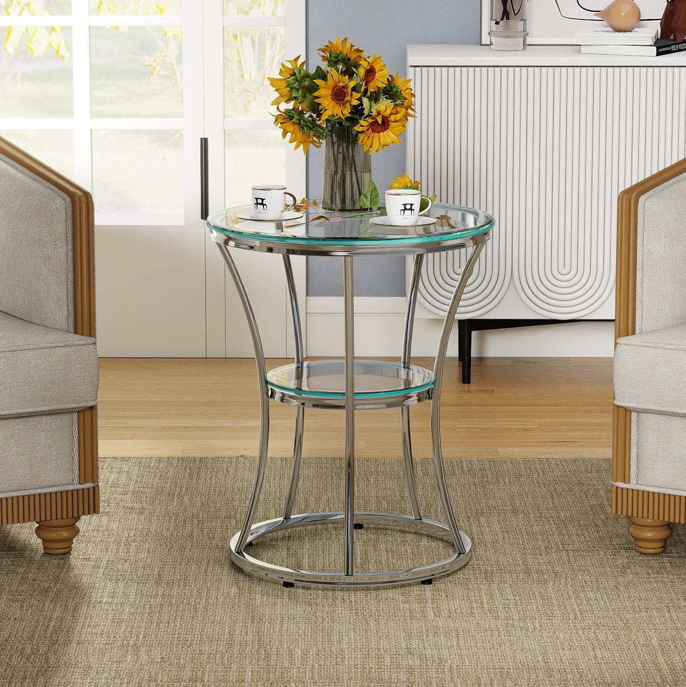 O&K FURNITURE Round End Table with Tempered Glass, Small Silver Side Table for Small Spaces, Nightstand with Shelf for Living Room, Bedroom, Office,Chrome Finish, 1 PC