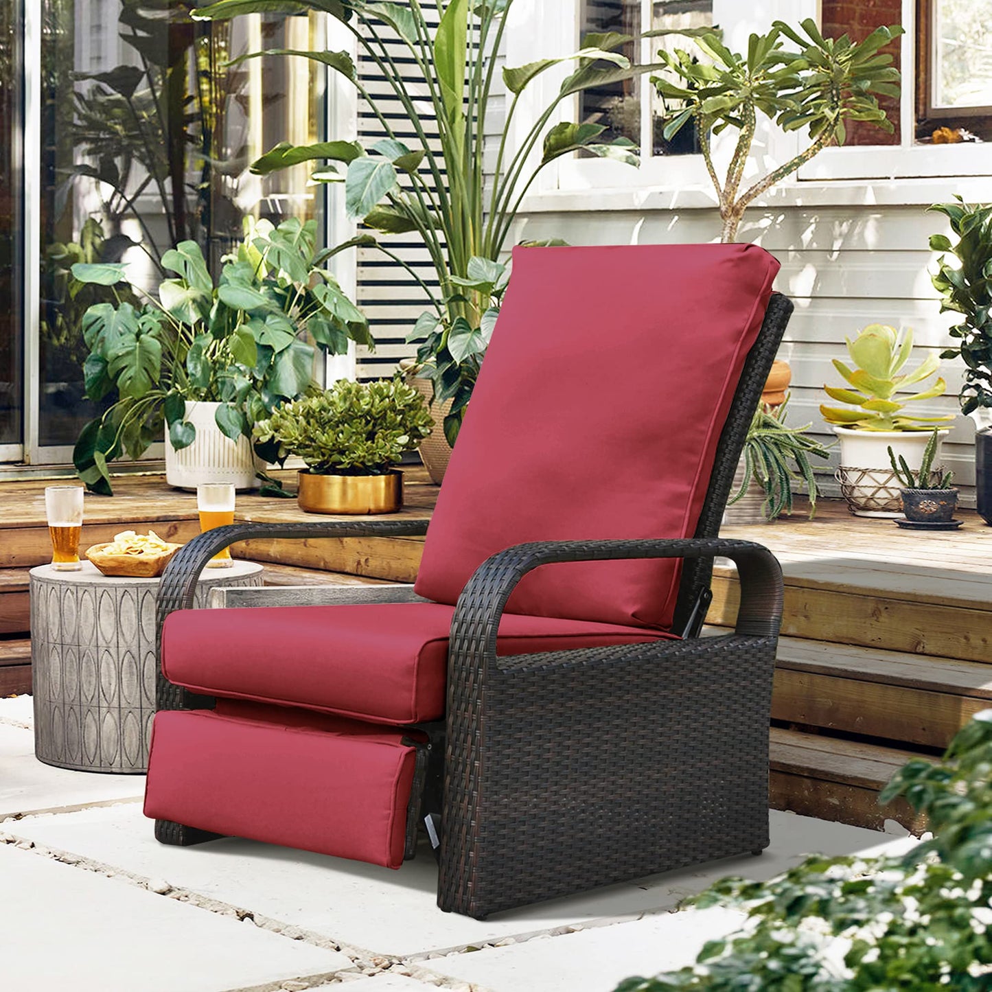 Babylon Dual-use Indoor/Outdoor Wicker Adjustable Recliner Chair, Patio Relaxing Lounge Rattan Armchair with Cushions (Brown Wicker+red Cushion)