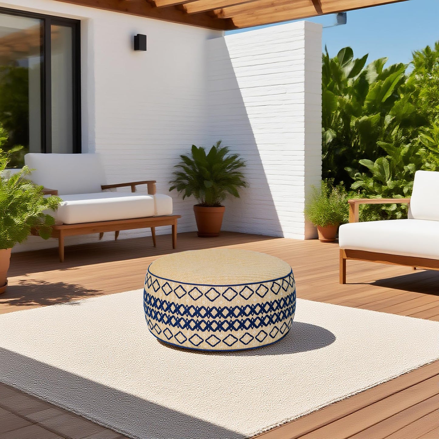 GLADTRAX Outdoor Inflatable Ottoman with Air Pump, Embroidery Patio Footrest Stool D21”x H9”, Round Pouf Ottoman with Portable Handle Suitable for Garden, Camping, Bedroom, Living Room