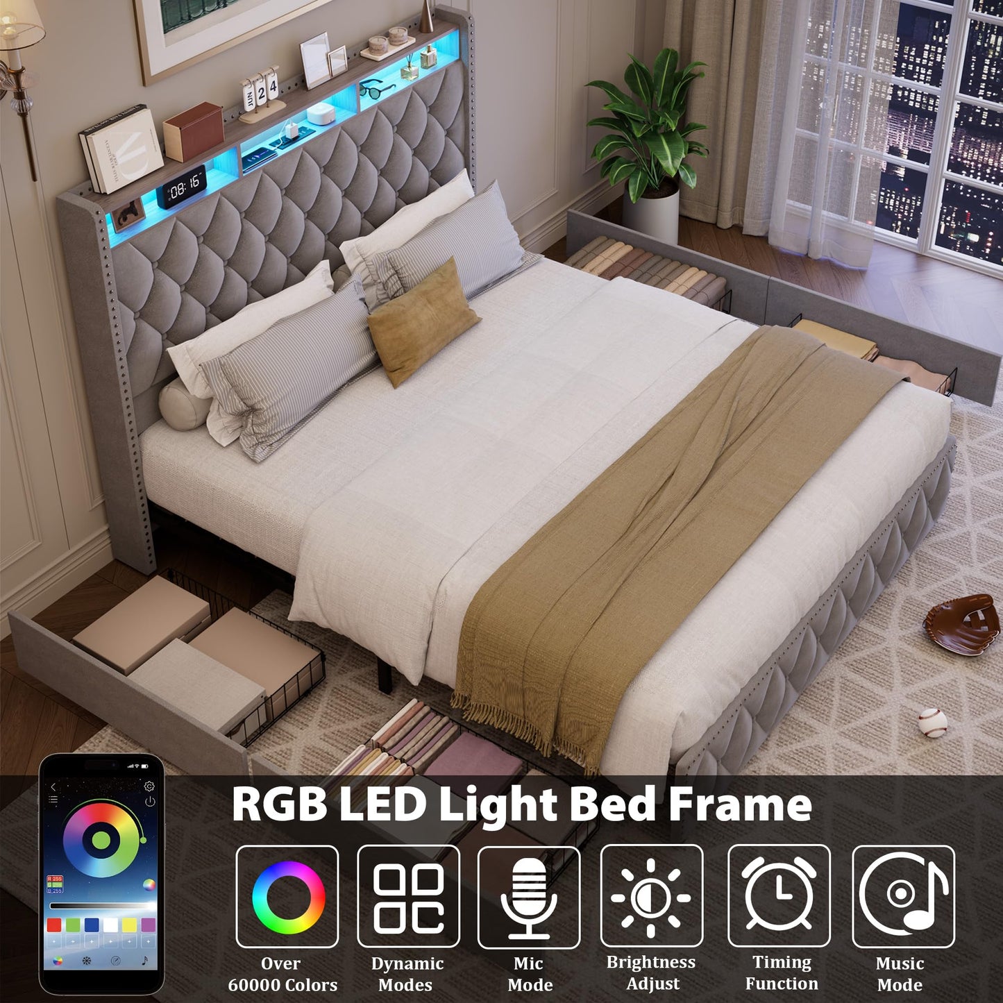 GarveeHome Queen Bed Frame with 50.8" Tall Headboard, Platform Velvet Upholstered Bed Frame with 4 Storage Drawers, USB Charging Station, Led Lights, No Box Spring Needed, Easy Assembly, Dark Grey