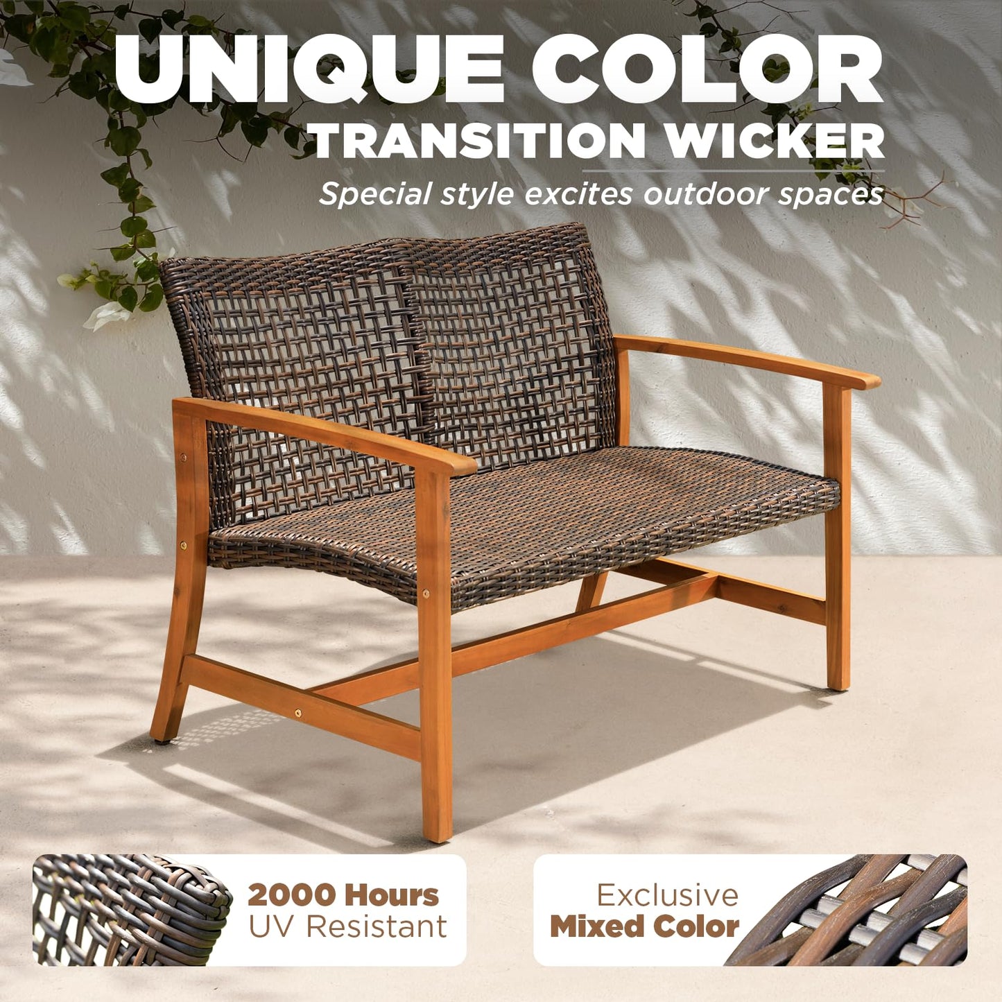 IDZO Harmonie 800lbs Capacity Outdoor Loveseat Furniture, FSC Certified Acacia Patio Sofa with Upgraded 2000 Hours UV Resistant Wicker, Teak Finish Porch Couch