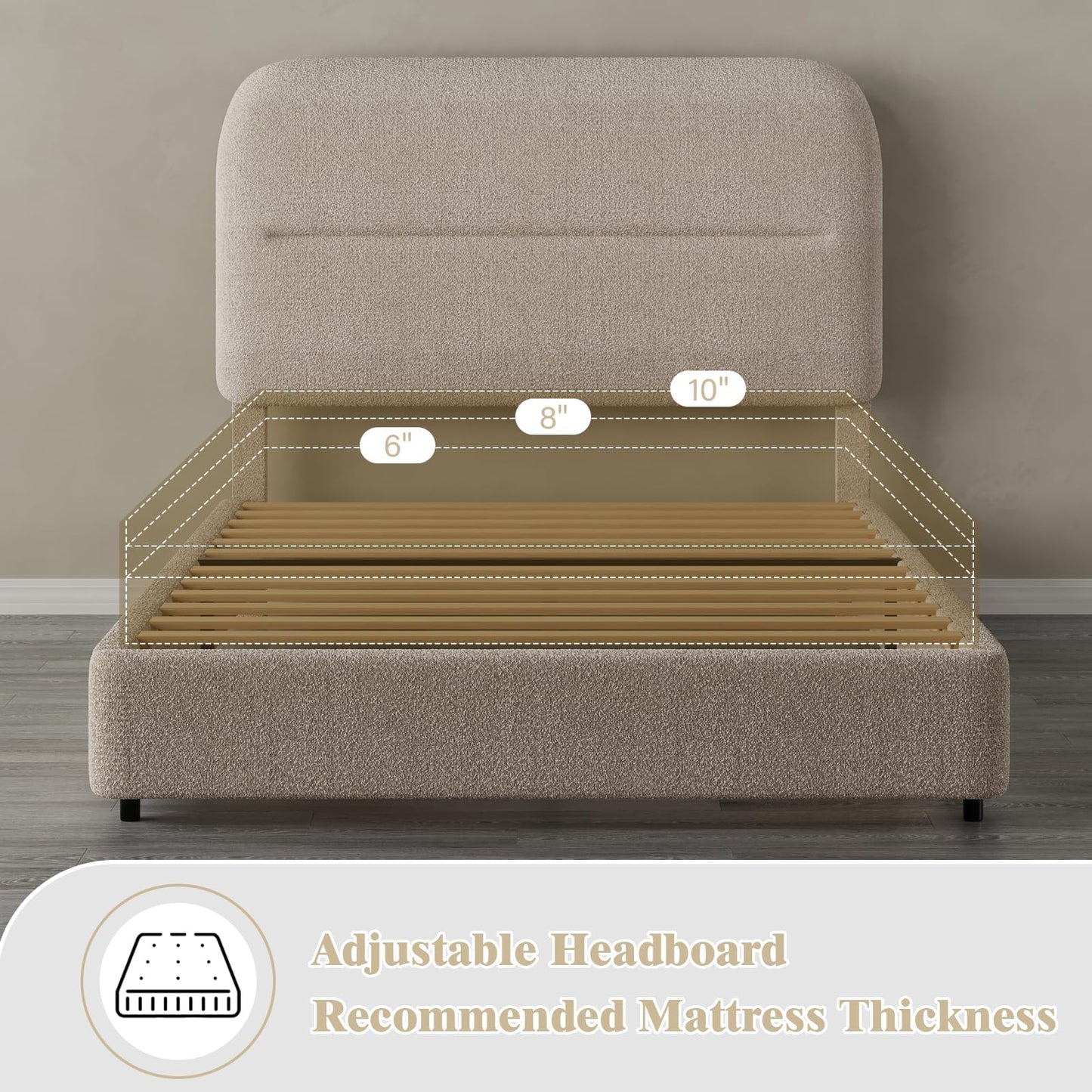 Twin Size Boucle Bed Frame, Upholstered Bed Frame with Headboard, Twin Bed Frames for Kids, Thickened Footboard/Rounded Corners/Adjustable Headboard/No Box Spring Needed/Easy Assembly, Beige