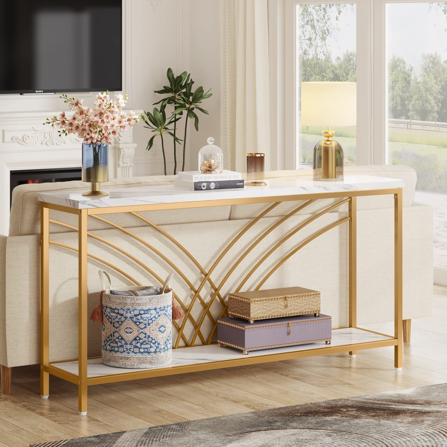Tribesigns 70.9 inch Extra Long Console Table, Faux Marble Entryway Table with 2 Tier Storage Shelf, Narrow Sofa Table Behind Couch, Modern Hallway Accent Table for Living Room, White and Gold
