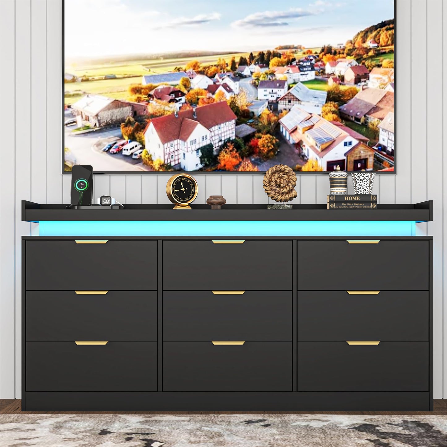 knoworld 9 Drawer Dresser for Bedroom, Black Dresser with LED Lights and Power Outlet, Large Dresser Wooden Long Dresser, Triple Wide Drawer Dresser for Bedroom, Entryway, Hallway