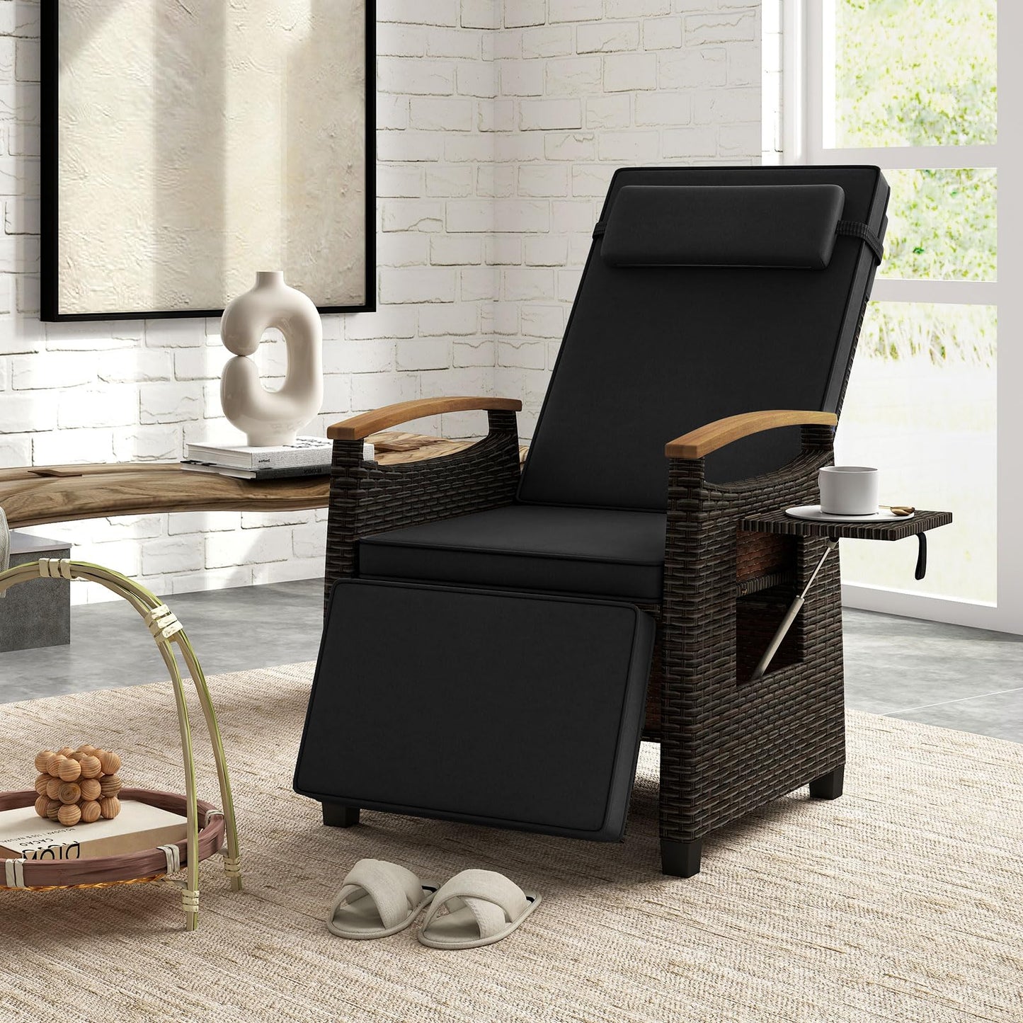 HAPPYGRILL Outdoor Rattan Wicker Chaise Lounge Recliner Chair with Adjustable Backrest & Footrest, Push Back Outside Seat w/Cushion & Flip Table for Backyard, Porch, Balcony (Black,1)