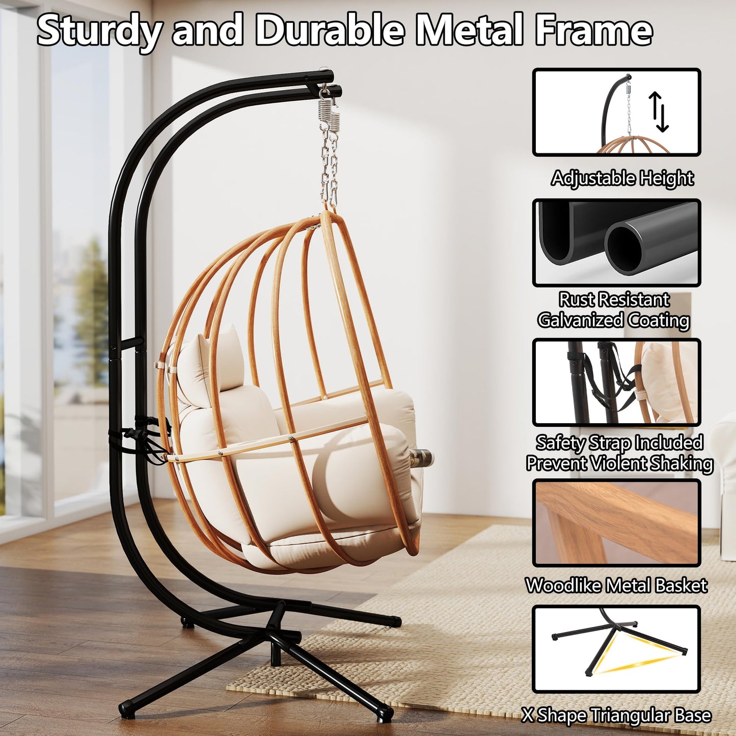 DAYARUS Hanging Chairs with Stand, All Weather Egg Chair Outdoor, Double Outdoor Egg Swing Chairs, 2 Person Patio Swing Chairs, Modern Egg Swing with Cushions, Metal Balcony Basket Loveseat, Beige