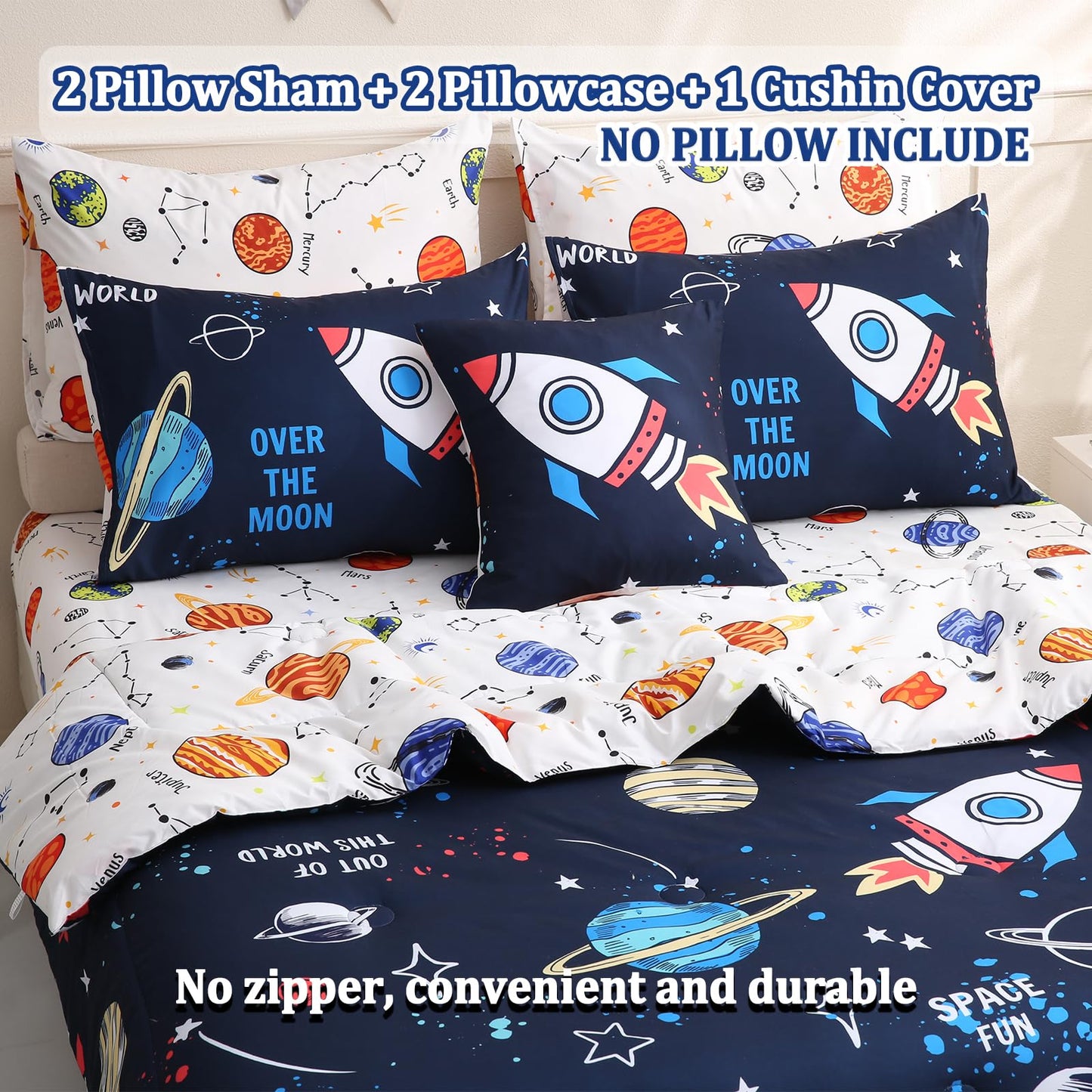 Tasselily 8 Piece Space Comforter Set Twin Size, Rocket Bed in a Bag Space Theme Bedding Sets for Boys Girls Kids