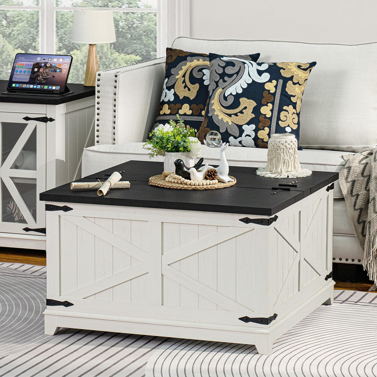 Farmhouse Coffee Table Sets 3 Pieces, Large End Side Tables with Charging Station and Coffee Table with Hidden Storage Compartment, White Living Room Table Set, Wood Furniture Sets for Home Office