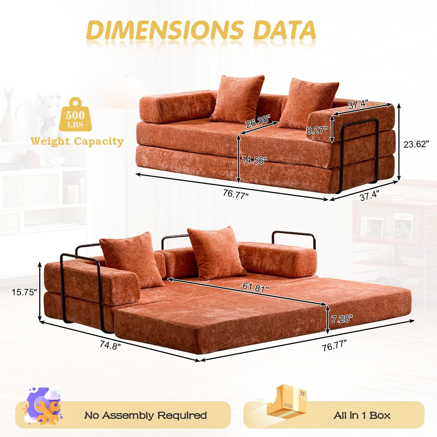 Convertible Folding Sleeper Sofa Bed, Boneless Couch with Fixed-Shape Frame, Compression Foam Sofa, Futon Foldable Mattress, Pull Out Couch Bed for Living Room Bedroom Lounge(Chenille, Orange)