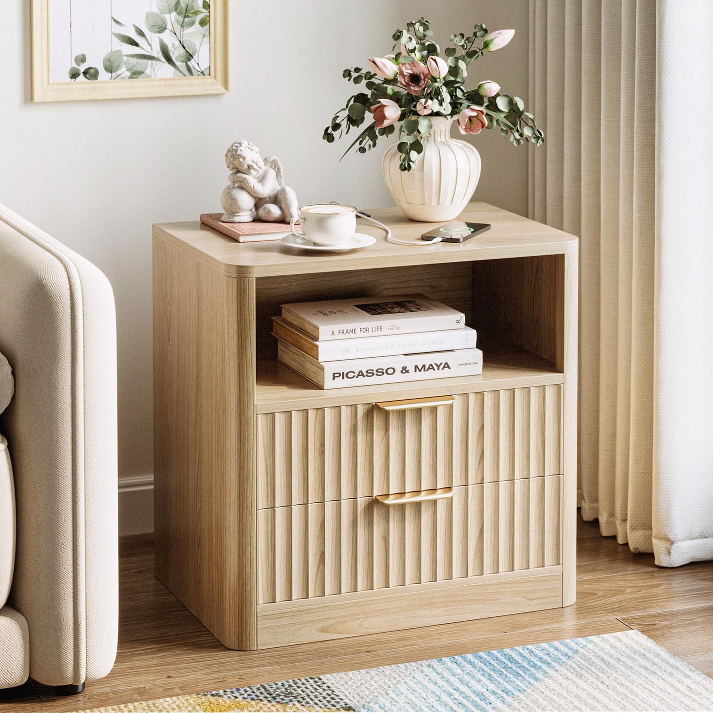 IRONCK Fluted Night Stand Set of 2, Modern Nightstand with Charging Station, Drawers and Open Shelves - Bedside Table Wood Side Table Set for Bedroom