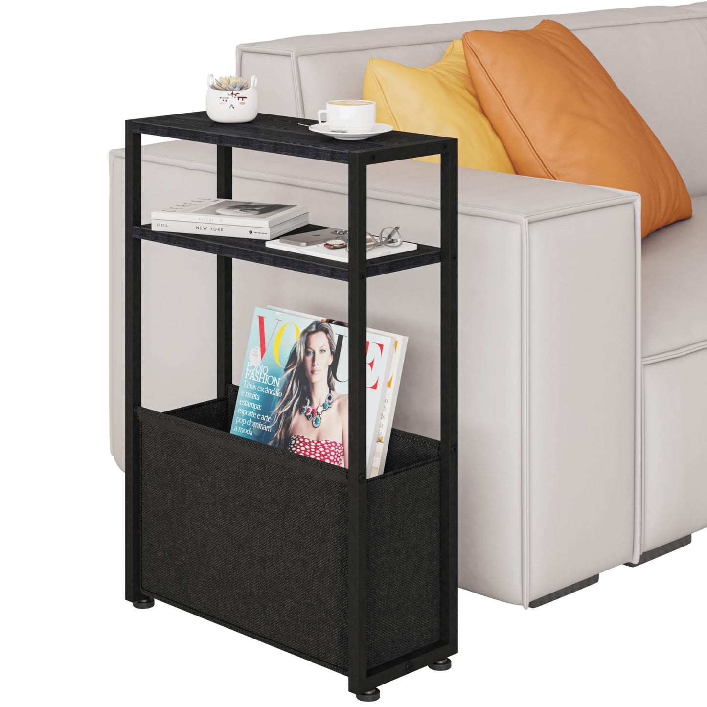 Leomonio Black Side Table, Slim Side Table with Magazine Rack, Bathroom Table for Small Spaces, Narrow Bedside Table for Living Room, Bedroom