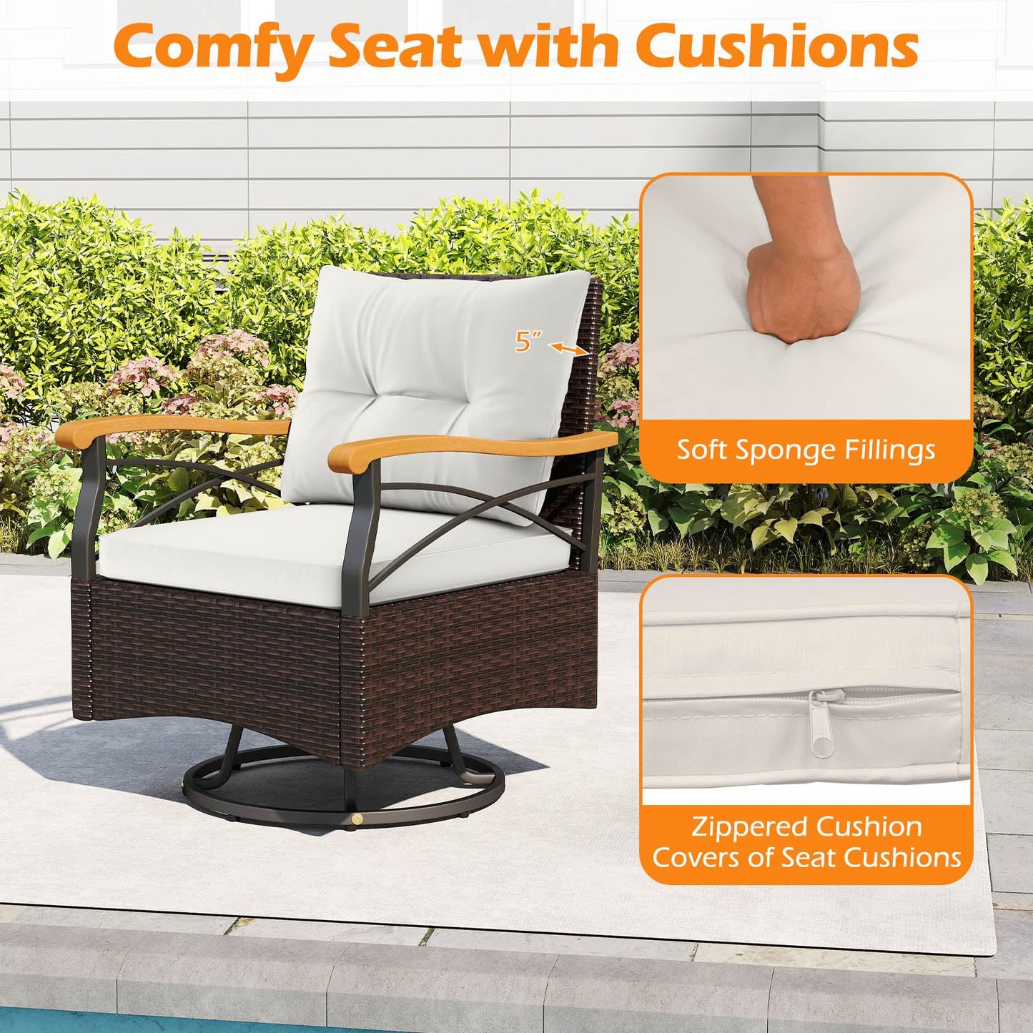 Tangkula 3 Piece Outdoor Swivel Chair Set, Patio Wicker Rotating Cushioned Chairs with 2-Tier Tempered Glass Side Table, for Porch, Yard, Balcony, Garden (Off White)