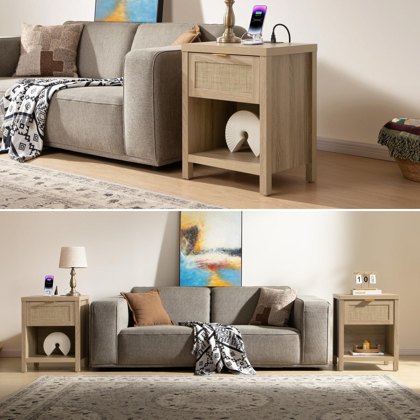 SICOTAS Night Stand Set of 2 with Charger Station Rattan Nightstands with Drawer Farmhouse Bedside Table with USB and Type-C Ports Boho End Side Table for Bedroom Small Space, Light Oak