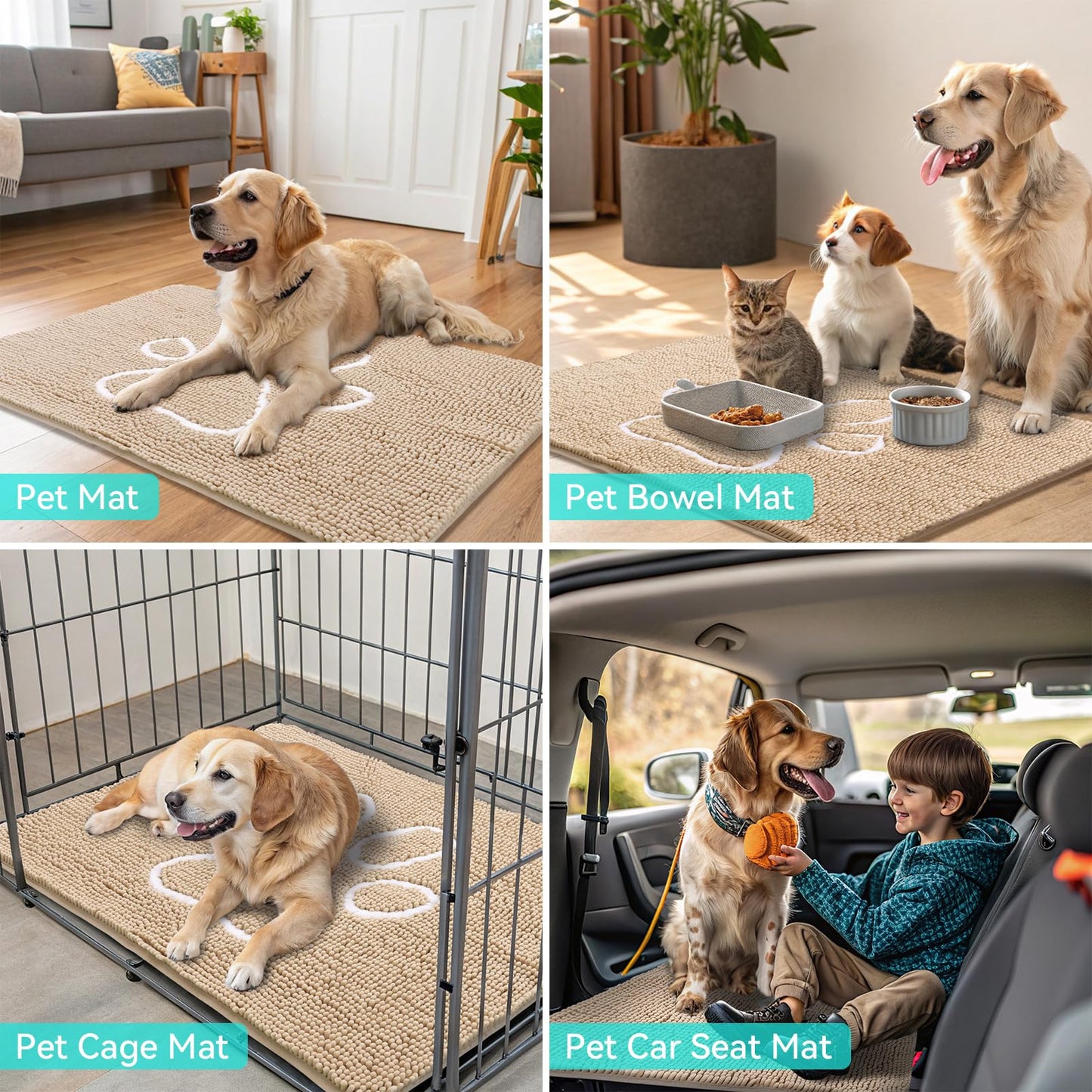 Smiry Dog Door Mat for Muddy Paws, Absorbent Dirt Trapper Non Slip Quick Dry Washable Chenille Mat for Mud Dogs, Entry Rug for Indoor and Outdoor (30x20 Inches, Beige)