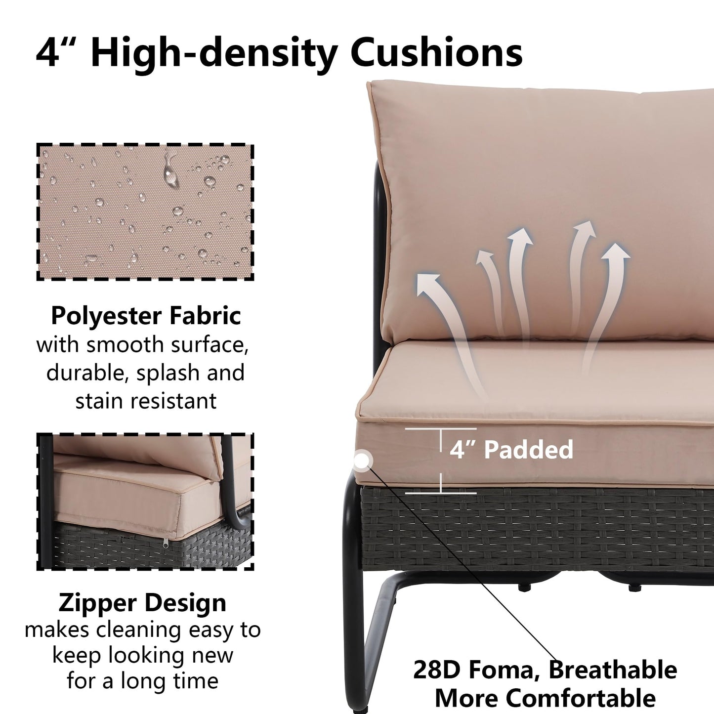DAYARUS 4 Piece Patio Furniture Set, Modern Patio Conversation Set for 5, All Weather Bistro Furniture Set, Metal Patio Sofas Outdoor Sectional with Coffee Table and Cushions for Lawn/Garden, Khaki