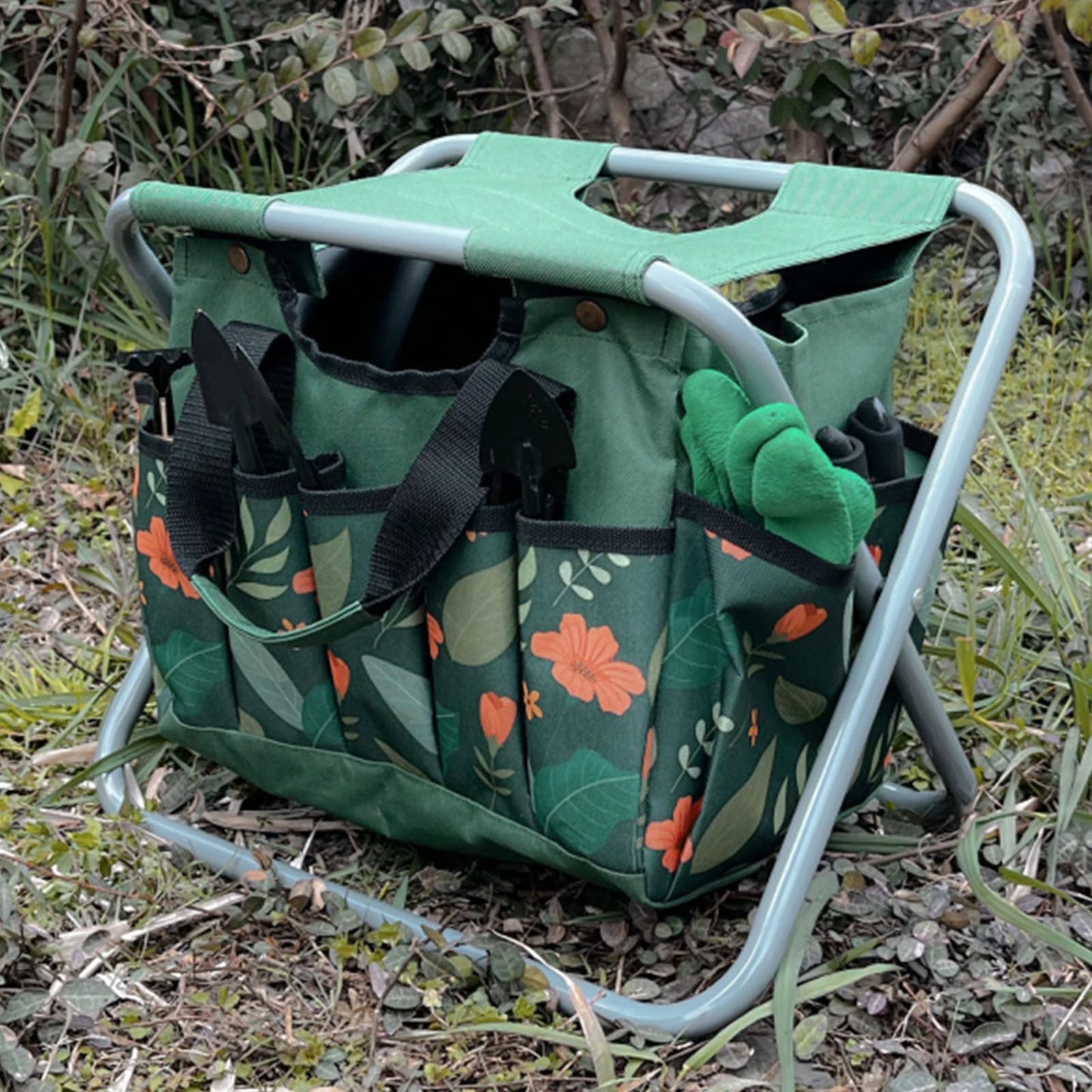 GeerDuo Folding Gardening Stool with Detachable Storage Tote Bag, Multifunctional Gardening Tools Set Organizer for Fishing and Camping,Portable Garden Chair Seat for Adults (Green Flower)