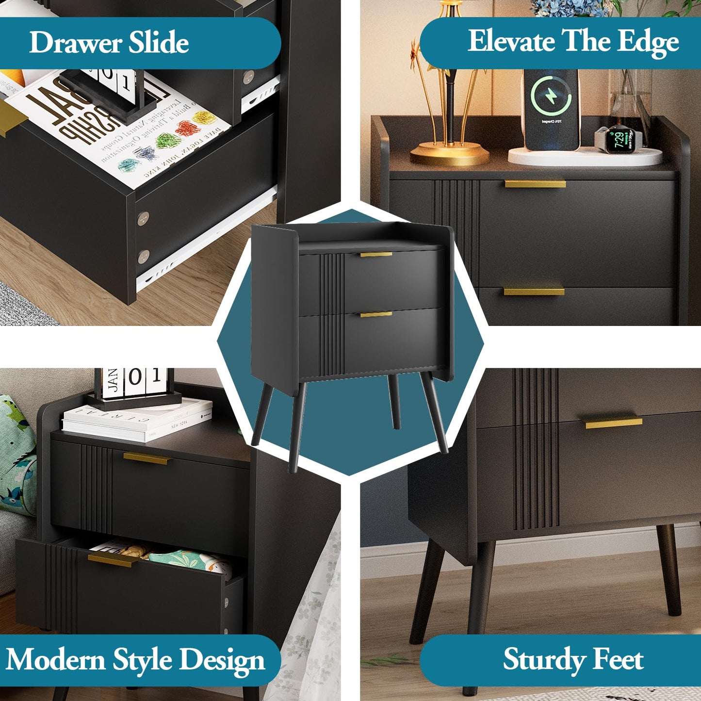 Aenuert Black Nightstand Modern Bedside Table with 2 Storage Drawer, Small Night Stand, Wooden Sofa Side Table for Bedroom, Study Room and Small Spaces
