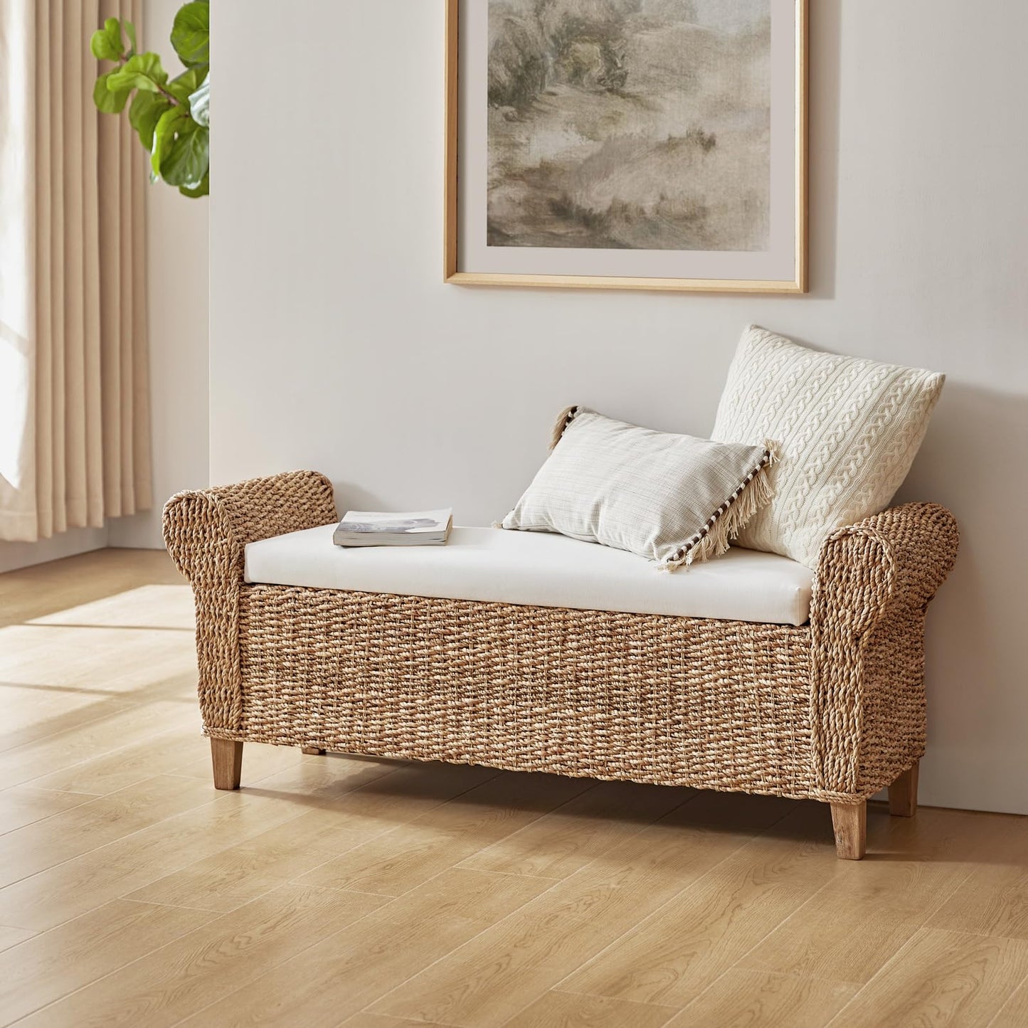 HULALA HOME Rattan Storage Bench, Rattan Upholstered End of Bed Bench with Roll Arm & Solid Wood Legs, Natural