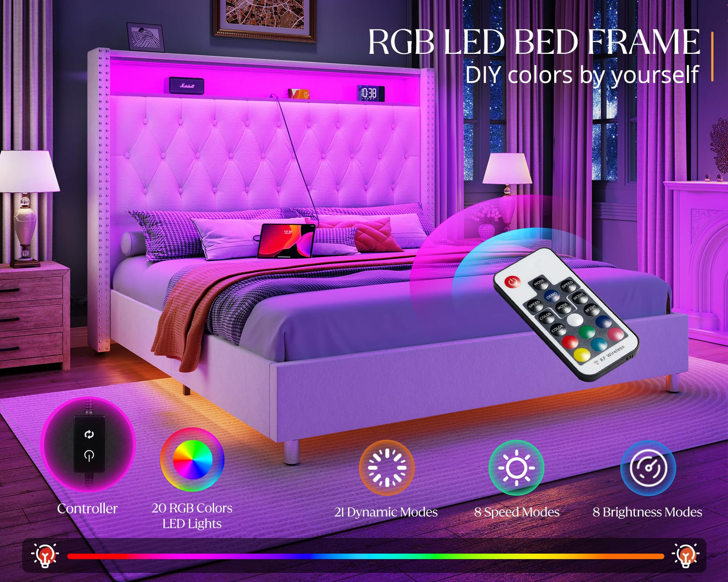 Jocisland Queen Size Bed Frame 53.6'' Tall Headboard LED Lights and Charging Station, Velvet Hign Upholstered Platform Bed Wingback Storage, No Box Spring Needed, Motion Activated Light, Light Cream
