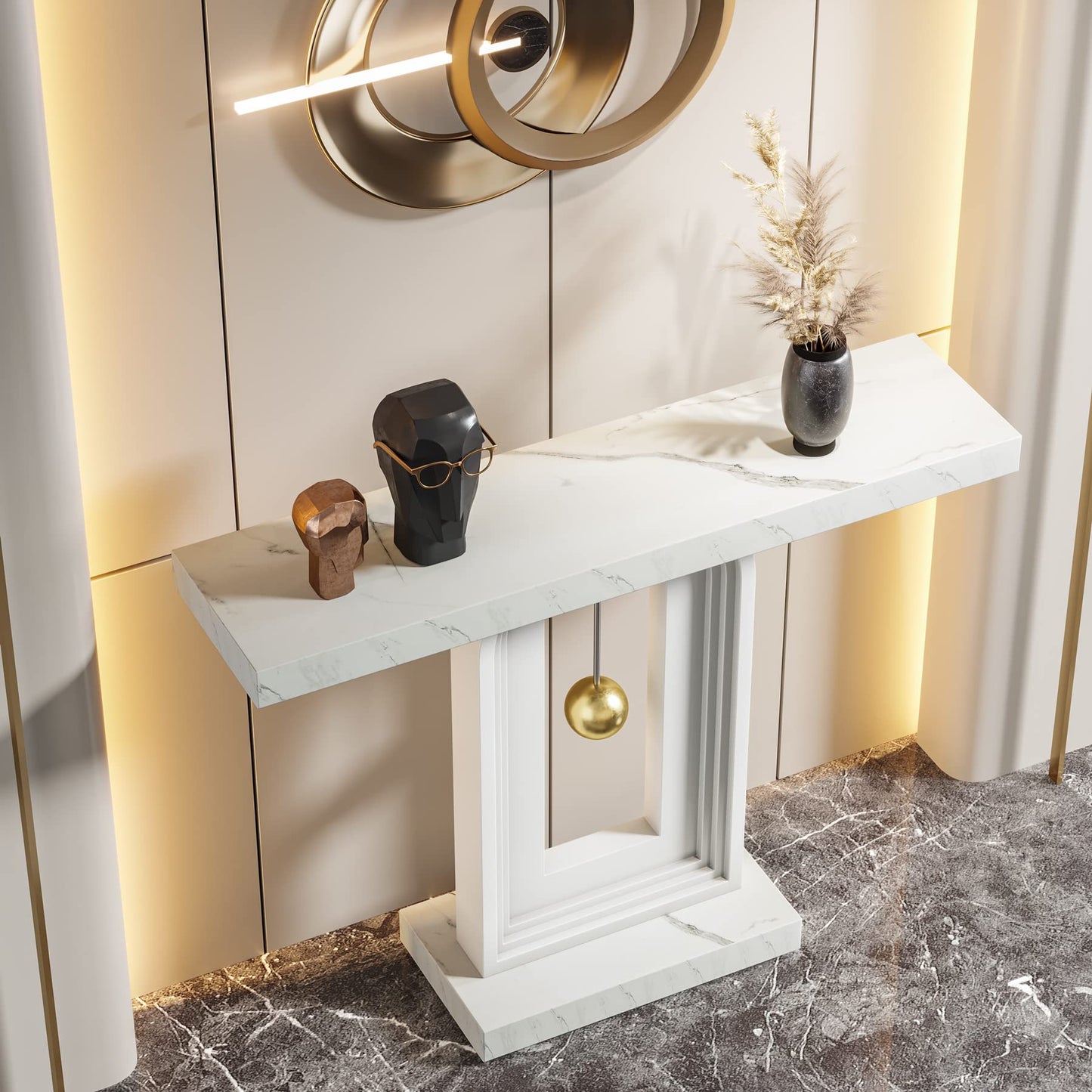 Tribesigns Modern Console Table, 40 Inches Narrow Sofa Entryway Table with Pendulum Shape Base, Contemporary Marble Accent Table for Living Room Hallway Entrance, White