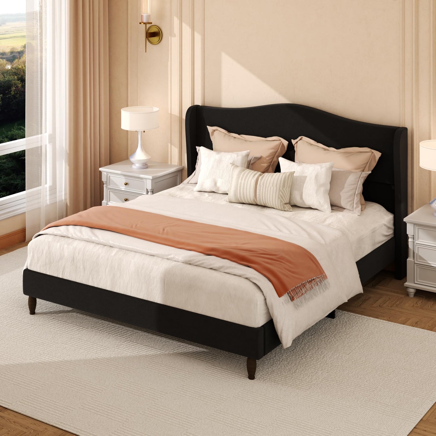 Konprosp King Size Bed Frame with 51" Tall Headboard, Chenille Upholstered Platform Bed Frames with Classic Curved Wingback & Retro Wood Legs, No Box Spring Needed, Noise Free, Easy Assembly, Black