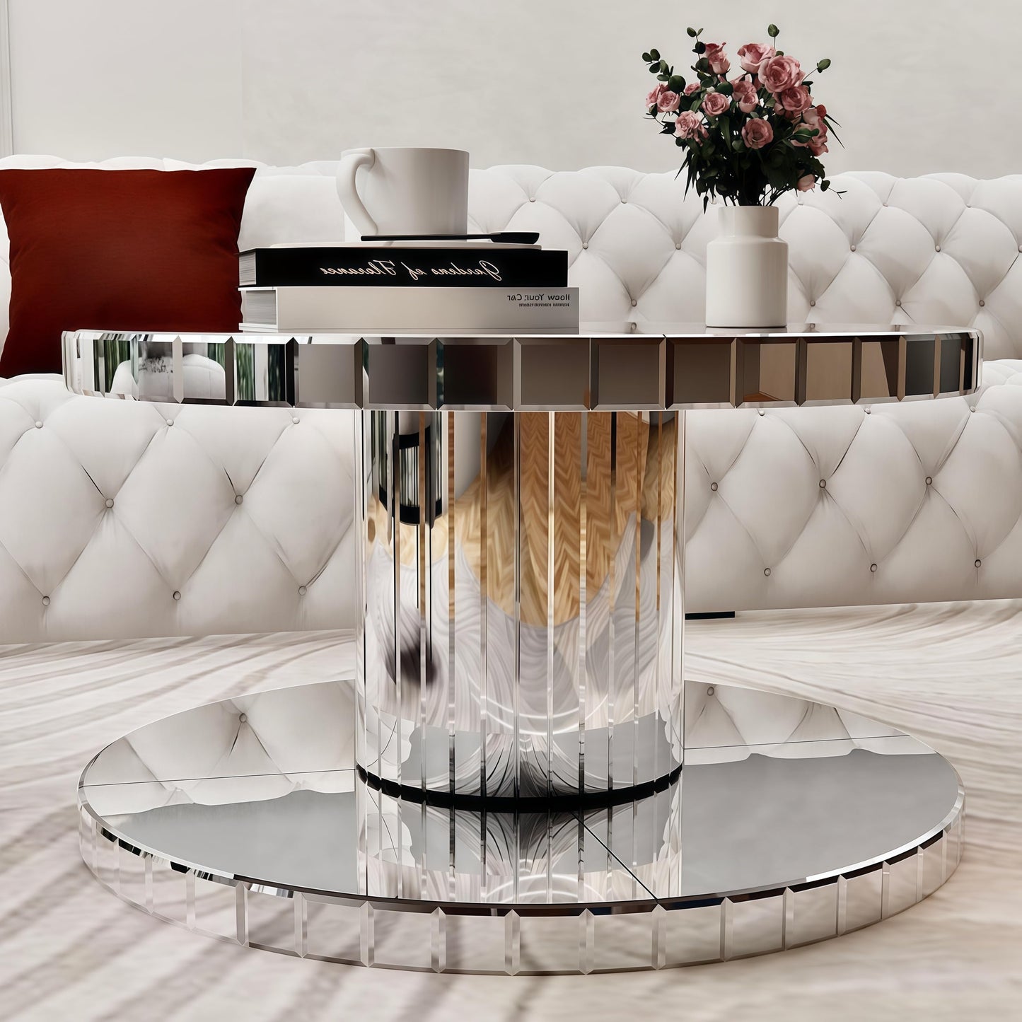 Maotifeys Round Mirrored Coffee Table with Silver Mirror Cylinder Frame, 31.5" Modern Glass Sofa Table Gorgeous Circle Mirror Center Tables for Living Room, Office